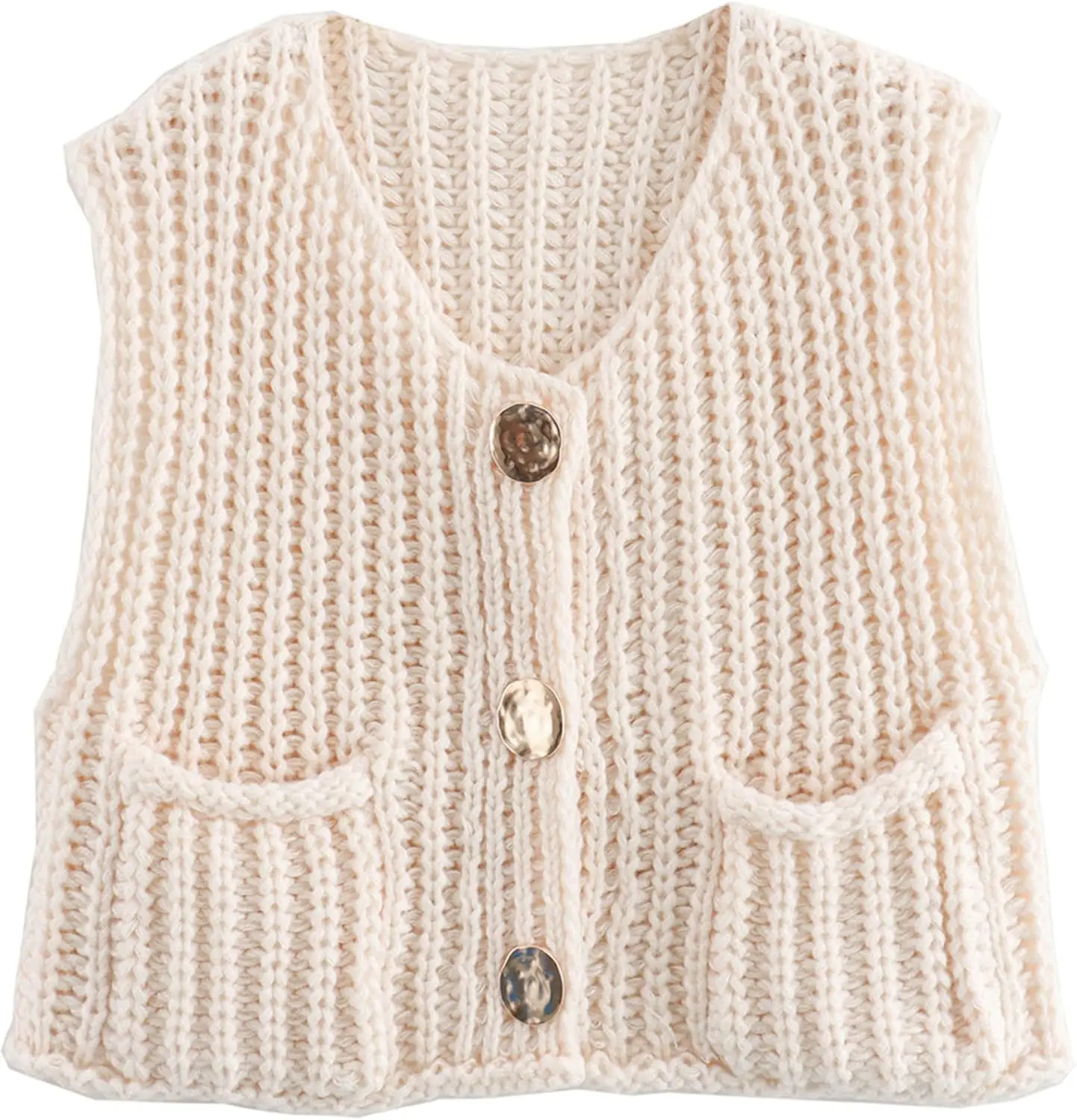 

Womens Crochet Chunky Knit Top Sleeveless Button Down Crop Tops Trendy Cardigan Sweater Vest for Women with Pockets 12