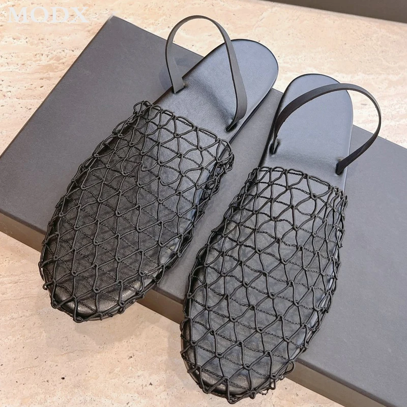 

Mesh Flat Beach Sandals Summer New Fishing Net Hollow Casual Mule Shoes 2023 New Elegant Vacation Outdoor Half Slipper Women