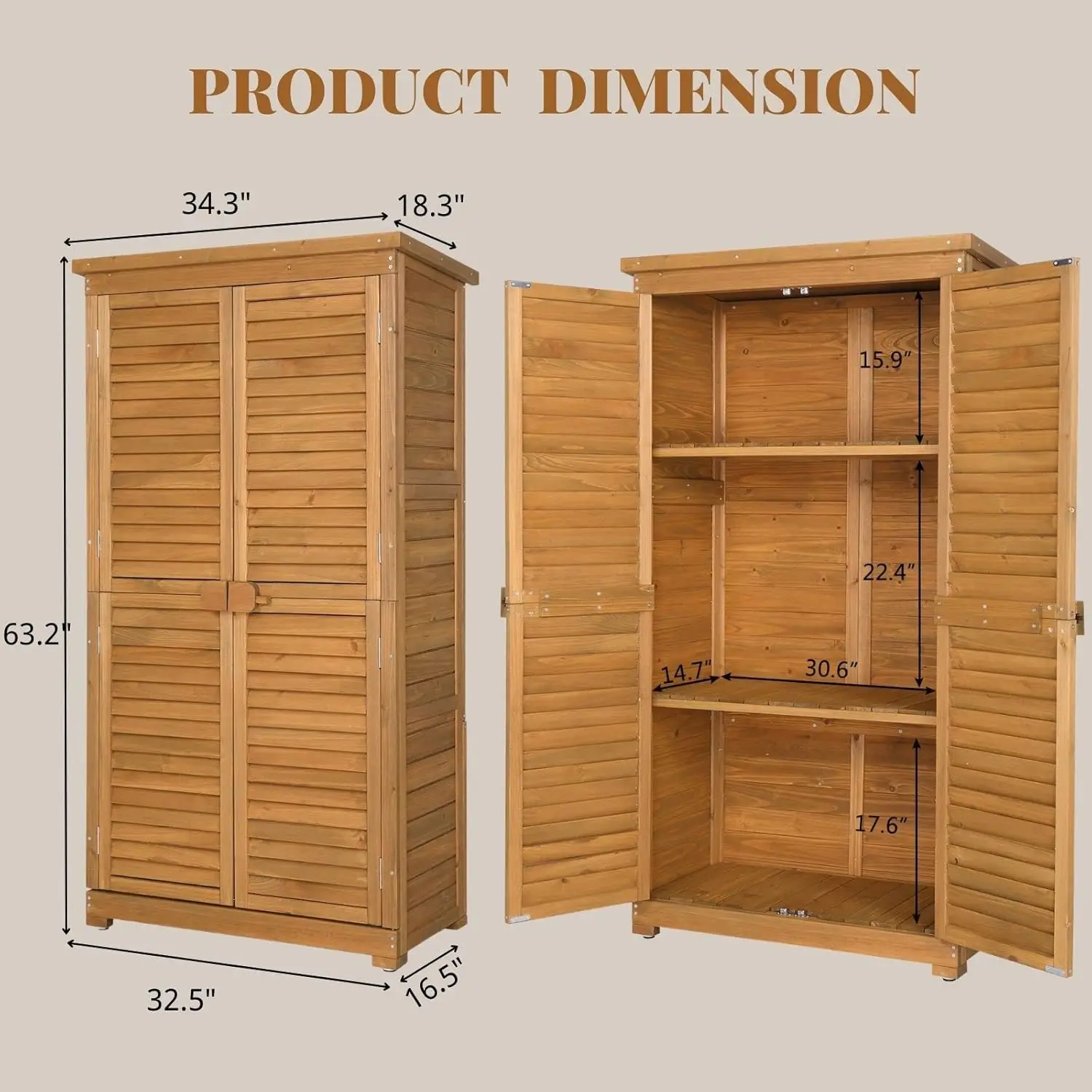63in Wooden Garden Storage Shed Lockable Doors 3 Shelves Waterproof Yard Patio Customized - view 6