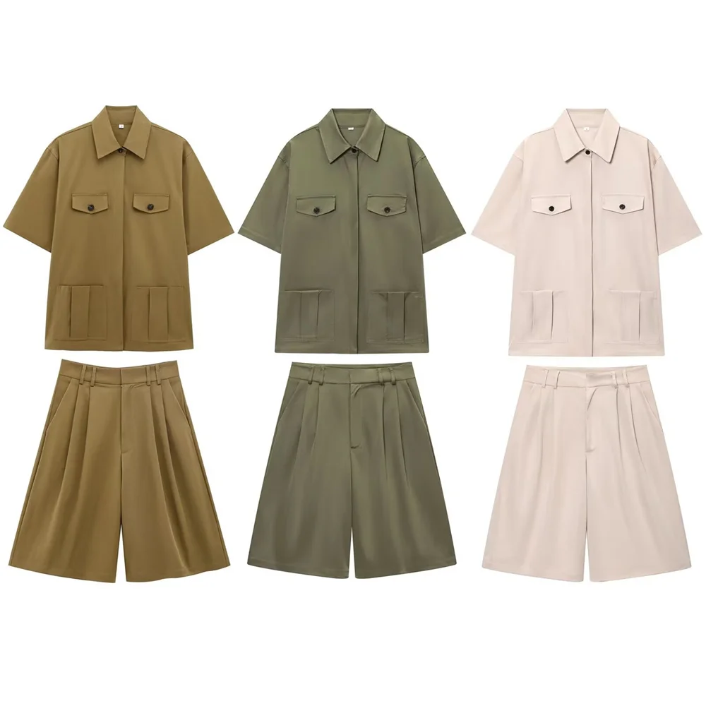 

Blended pocket embellished short sleeved lapel shirt pleated mid waist casual shorts