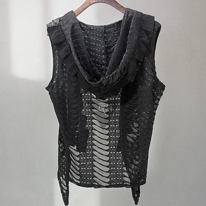 

Special-Interest Design Rock Ripped Hollow Vest Short Coat Sleeveless Cardigan Dark Hooded Summer Thin Transparent