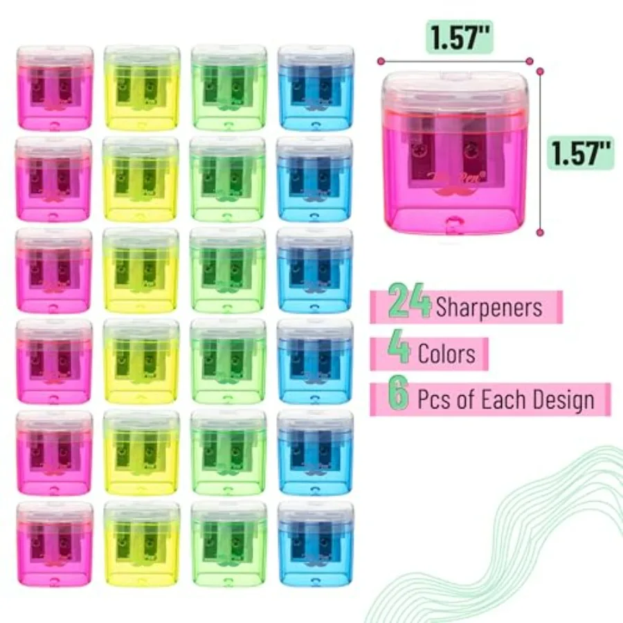 Pengasah Pensil Genggam Warna-warni 24 Paket Lubang Ganda untuk Perlengkapan Kembali ke Sekolah, Pengasah Pensil yang Tahan Lama dan Efisien