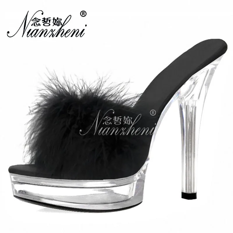 

Women Nightclub Fluff Peep Toe 13cm Sexy Fetish Strip Pole Dance 5Inch Elegant Party Dress Stage Show Thin Heels Slippers Sweet