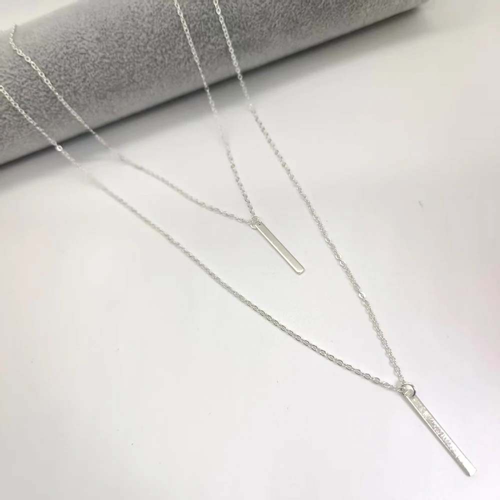 Two layers  bar Pendant Silver color gold color Metal plated Chain Women sweater Necklace