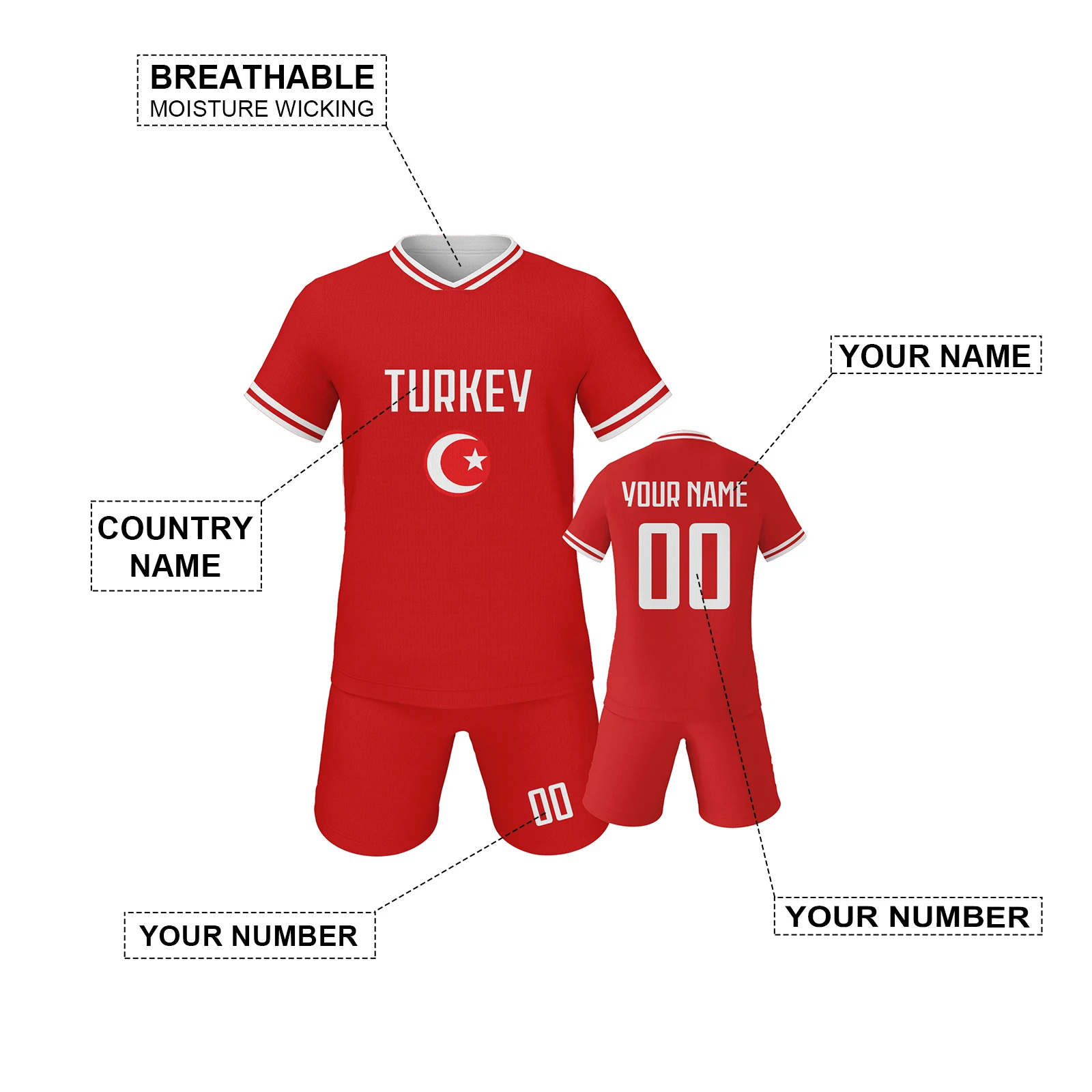 Turkey Custom Kids Football Jersey Kit Personalized Soccer Uniform with Name Number Team Tracksuit Boys Girls Training Jersey