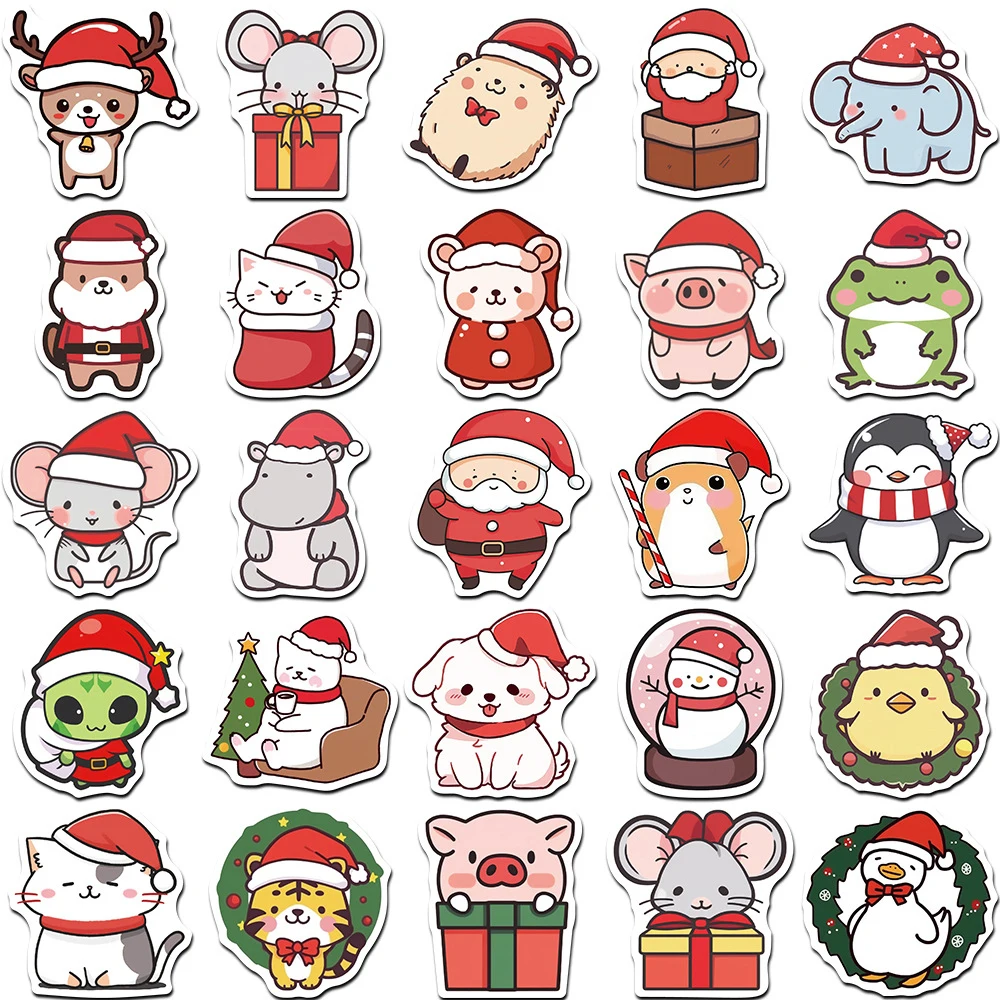 Engraçado bonito Natal Animal Cartoon adesivos, decalques, laptop, mala, notebook, telefone, carro, papelaria, brinquedos para crianças, 10 pcs, 30 pcs, 50pcs