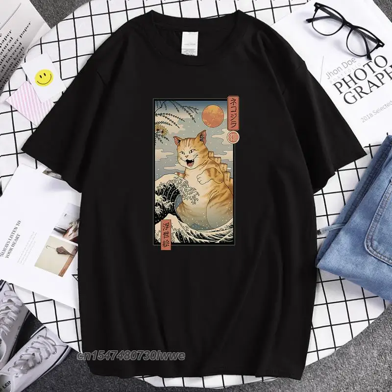 

Ukiyo-E Style Orange Cat Print T-Shirt Men's Oversize Soft T Shirt Soft Breathable Clothing Harajuku Casual Male T Shirts