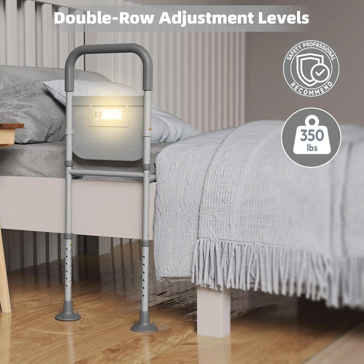 Adjustable 6061 Aluminum Bed Assist Rail for Elderly Adults Motion Sensor Light Storage Bag Portable Modern Design Lightweight