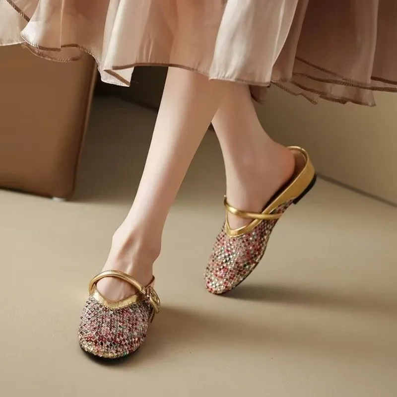 شبشب رأس مستدير شبكي ضحل مجوف قابل للتنفس ملفوف للنساء صيفي لزيادة حجر الراين نصف سحب #3