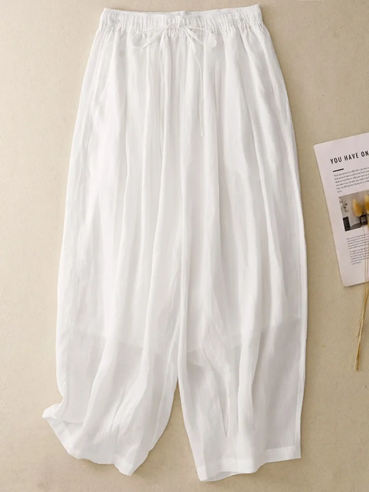 Künstlerische doppellagige Hanf-Laternenhose für Damen, Sommer, elastische Taille, lockeres, weites Bein, neun Punkte, Baumwollleinen, Freizeithose