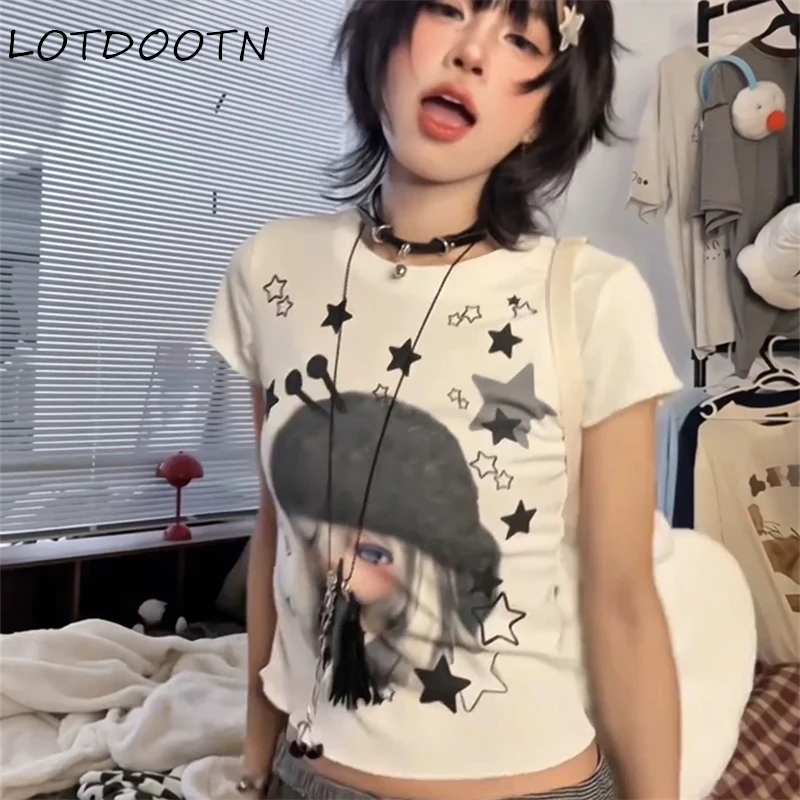 

LOTDOOTN японская женская футболка Y2k, винтажная футболка с коротким рукавом и принтом звезды, тонкие летние модные укороченные топы, женская футболка в стиле Харадзюку