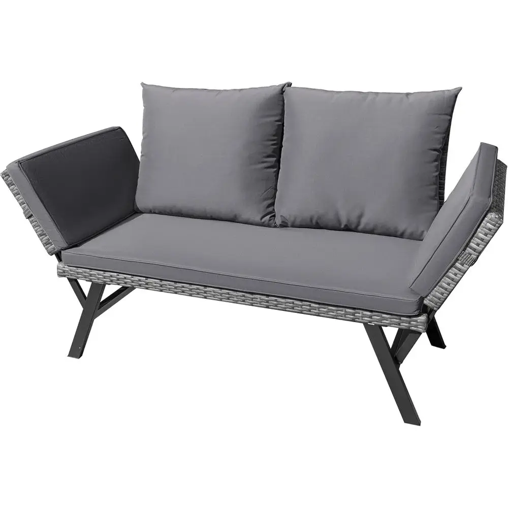 Rattan Patio Daybed with Cushions, Adjustable Armrests, and Pillows for Yard, Porch, or Pool in Gray with Blue Pillowcases
