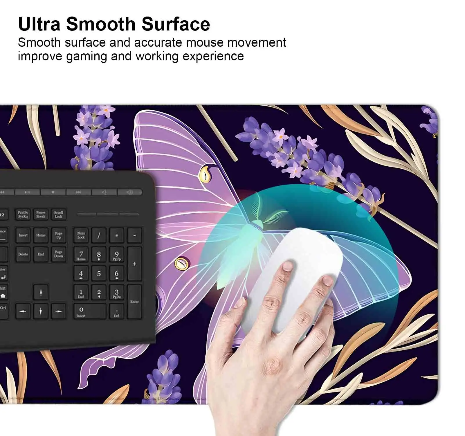 Large Gaming Mouse Pad, Purple Lavender Butterfly Desk Mat, Non-Slip XL Computer Big Mouse Pad for Work, Gamer, Office, Home