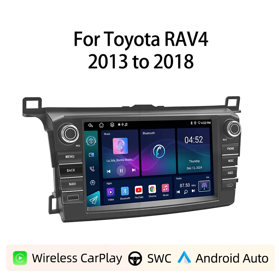 8-Zoll-Android-Autoradio für Toyota RAV4 2013 bis 2018, kabelloses CarPlay, Android Auto, GPS-Navigation, Bluetooth, Lenkradsteuerung