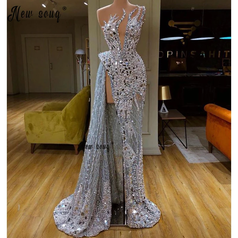 Luxury Full Silver Beaded Evening Dress 2022 Prom Gowns Arabic  Party Reception Dress Celebrity Dresses Plus Size Customized