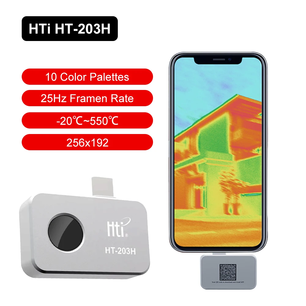 HTI HT-203H Thermal Camera Android Type-C 256*192 Thermal Imager 25Hz Mobile Thermal Imaging Camera for PCB Device Fault Detect