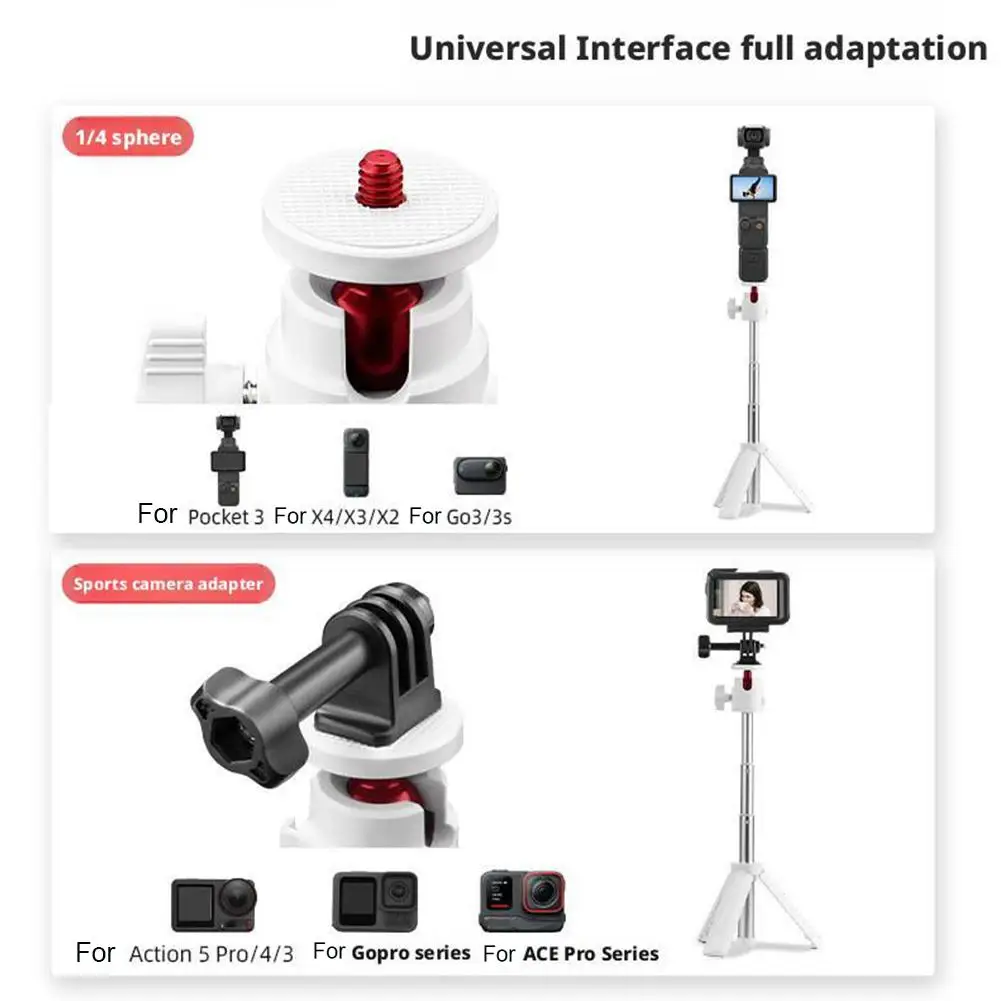 Soporte para teléfono, trípode de poste de extensión para cámara de acción para GoPro 360 °   Cabeza de bola y zapata fría Extensión ajustable blanca Selfie Strick