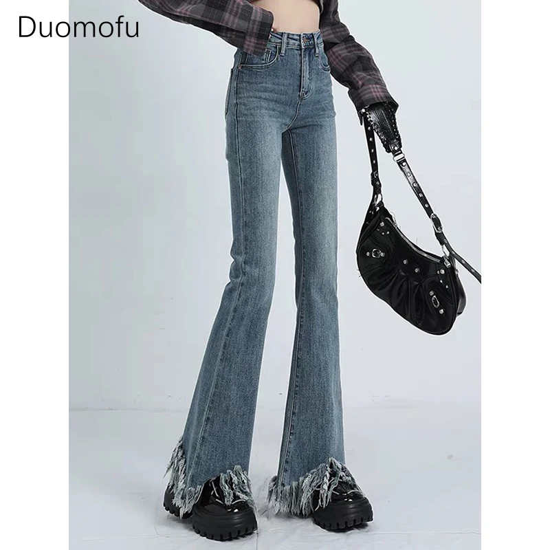 Duomofu Jeans wanita elastis pinggang tinggi, model dasar ramping musim gugur mode Vintage rumbai S-2XL kasual sederhana