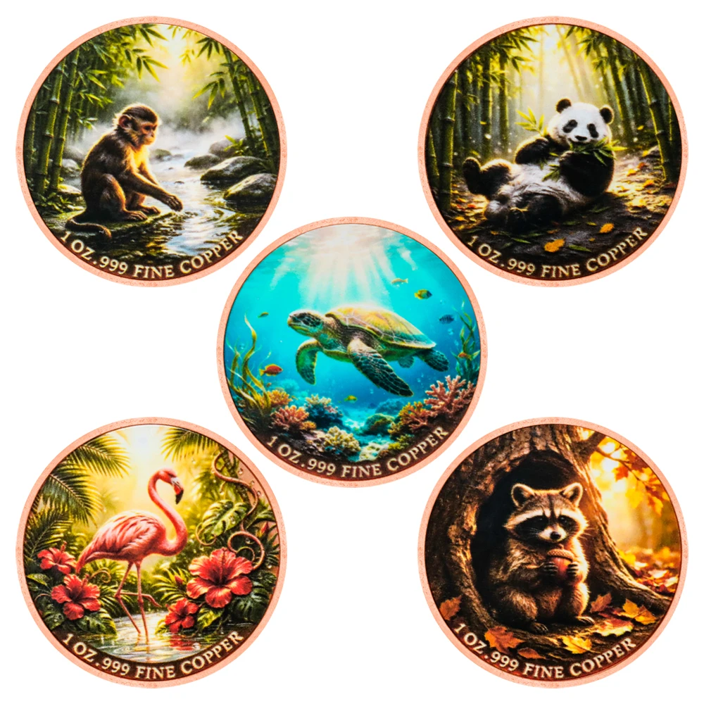 1pc Nature Wildlife 1 Oz Pure Copper Coin Color Print Wild Animal Panda Monkey Turtle Flamingo Raccoon Souvenir Coin Home Decor