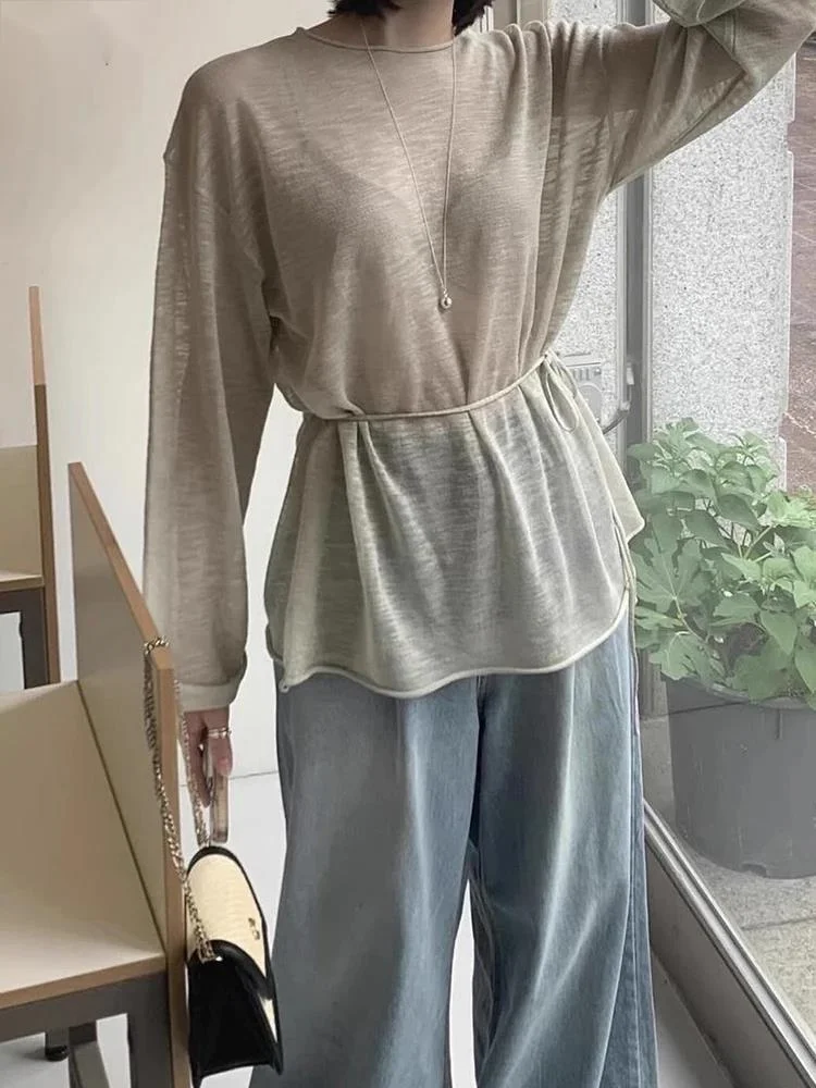 Chic Loose Knitted T-shirt summer Top With Micro Perspective Women Clothing 2024 Autumn Tie Tops Light Gray T Shirt