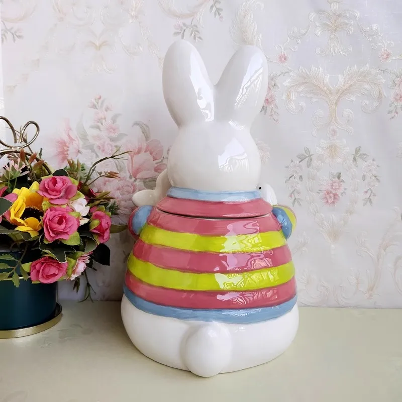 Ceramic Sculpture Pink Rabbit Candy Storage Jar, Home Decor, Living Room Decoration, Dried Fruit Tea Jar, Kitchen Food Container