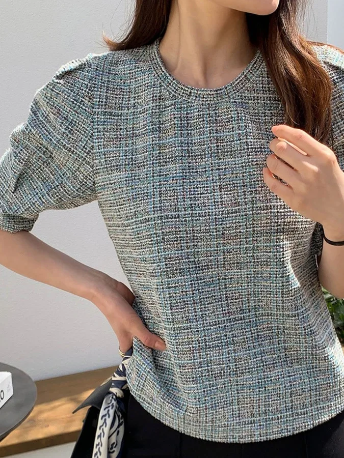 

Ele ort Sve Women's irt Korean Sle round Ne Thi Tweed Sweet Design Classy Top for Summer New Arrival