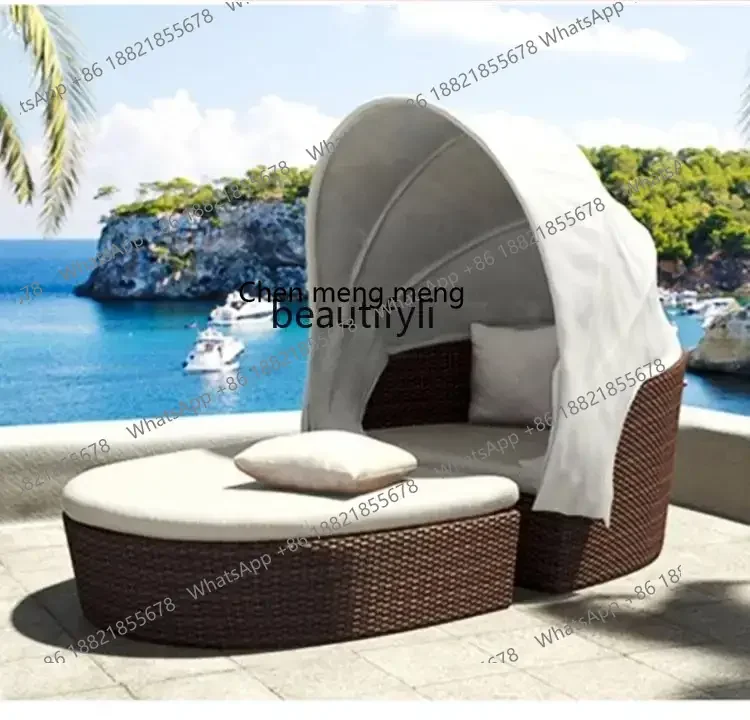 HOutdoor courtyard balcony recliner beach bed rattan bed terrace outdoor leisure sofaH
