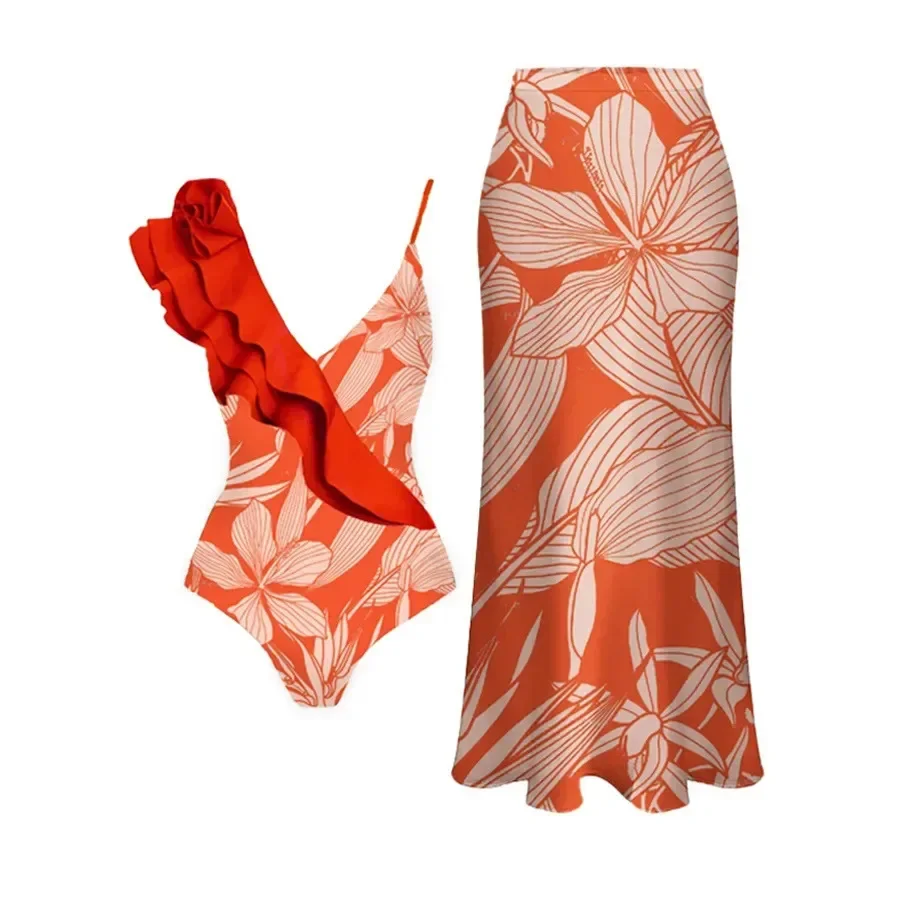 

2025 Solid Red Flower One Piece Swimsuit Luxury Women Swimwear Sexy Swim Suit Deep V Monokini Off Shoulder Bodysuit Bathingsuit