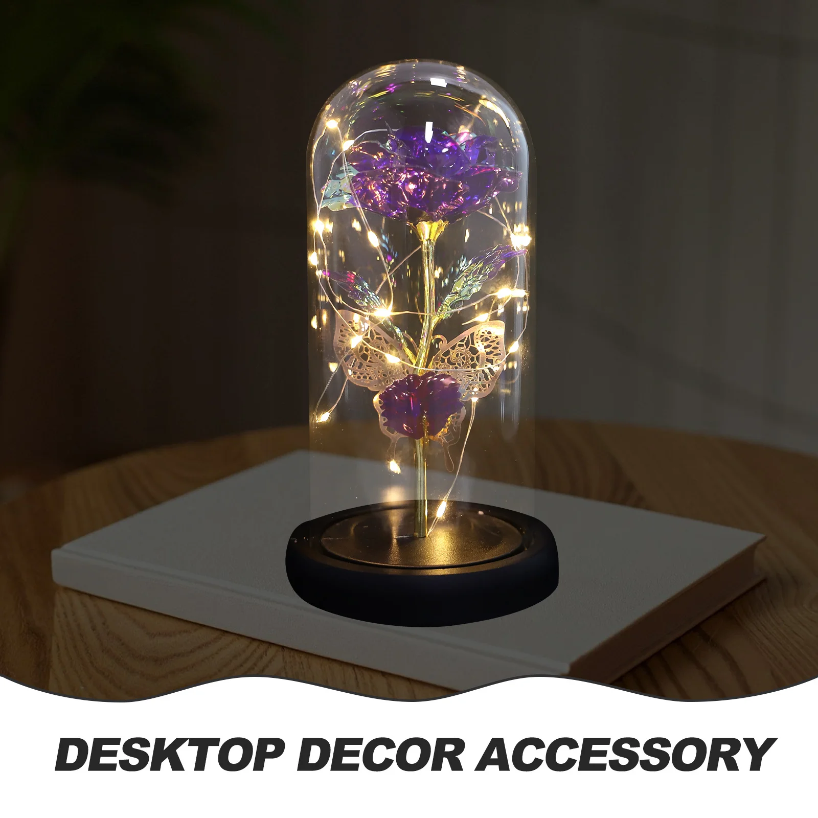 

LED Light Glass Dome Preserved Flower Decor Romantic Adornment Valentines Day Anniversary Wedding Gift