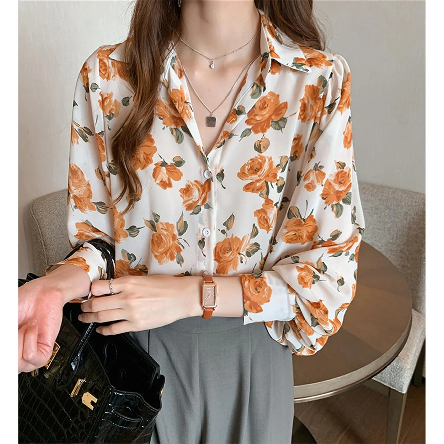 

Floral Print Loose Long Sve irt Spring Autumn New Sle Vintage Design Sensation Small ence Top Women's Faion