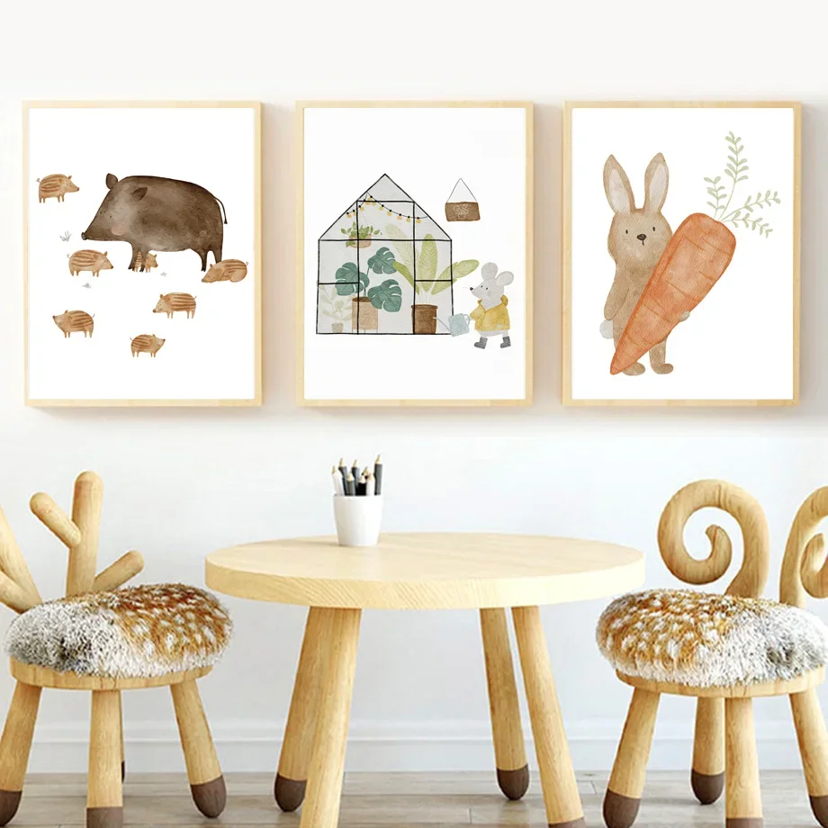 Wall Art Canvas Painting Boho Cartoon Rabbit Carrot Bear Fox Mushroom Rocket Nursery Posters Print Pictures Baby Kids Room De