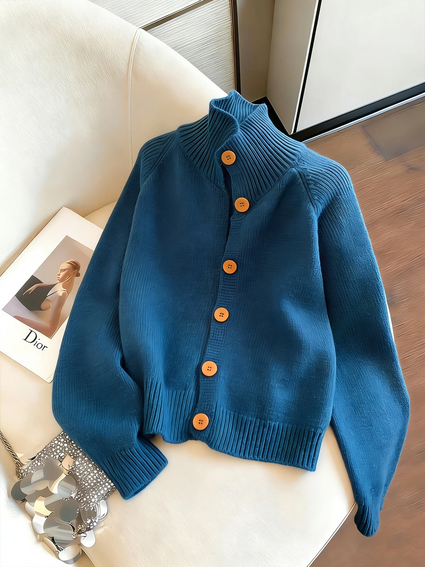 

Korean Sle Loose Fit Stand Collar Splice Single Button Knitted Jaet Women Spring Autumn Lazy Retro Soft Cozy Sweater Coat
