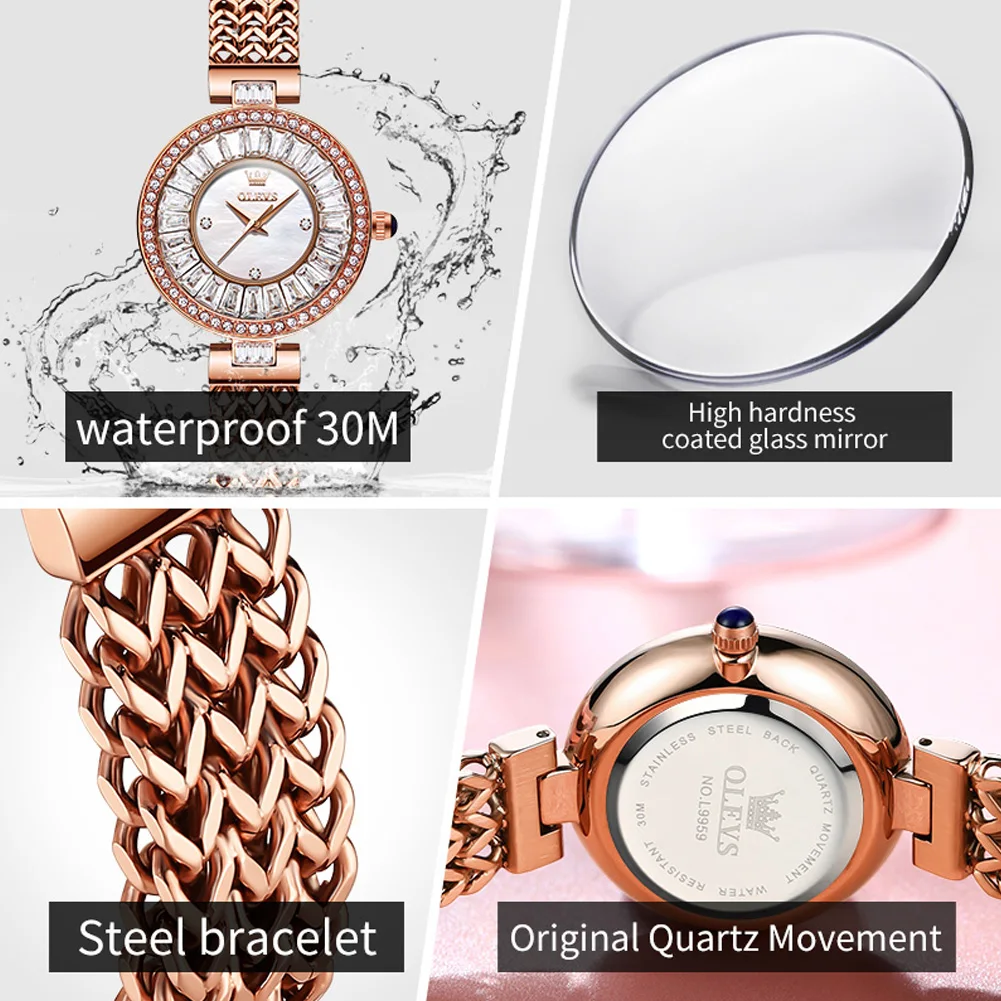 ساعة ماركة OLEVS عصرية بحلقة خارجية مرصعة بالألماس للسيدات كوارتز مقاومة للماء 9959