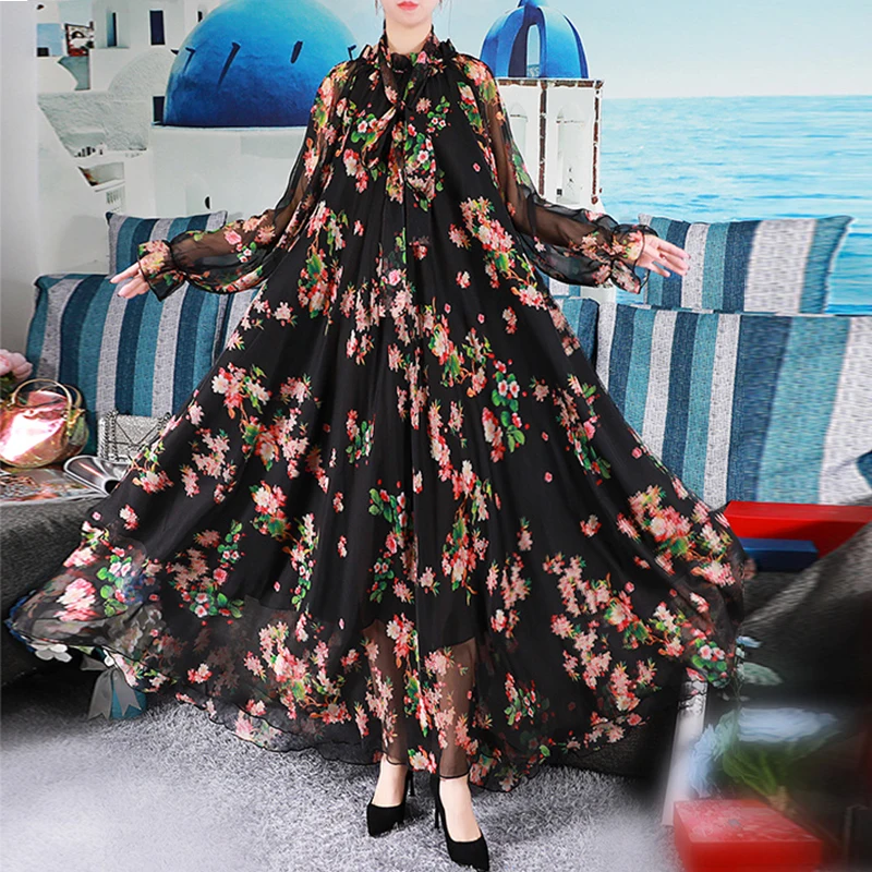 2024 New Floral Print Party Long Dress Women Vestidos Elegant Pleated Chiffon Kaftan Muslim Abaya Islamic Clothing Arab Robes