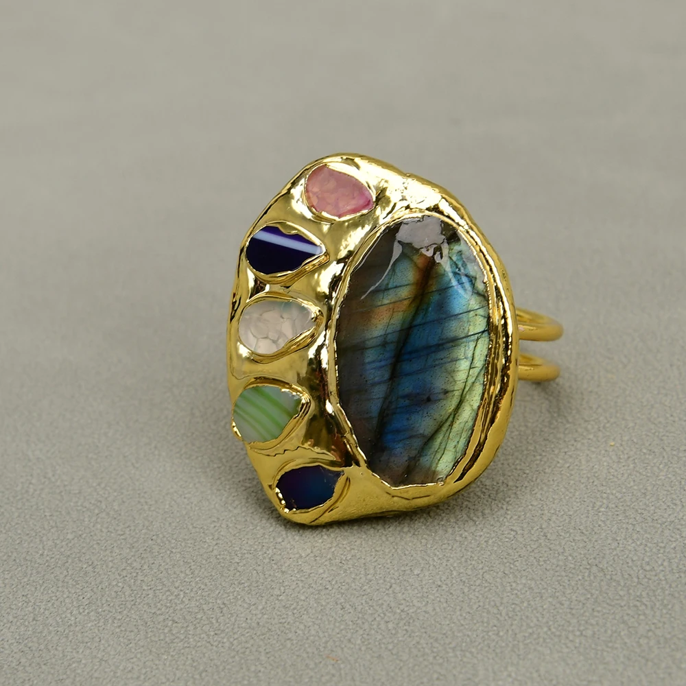 G-G Natural Labradorite Gems Multi Color Agate Gold Plated Ring Adjustable Set Handmade For Girls