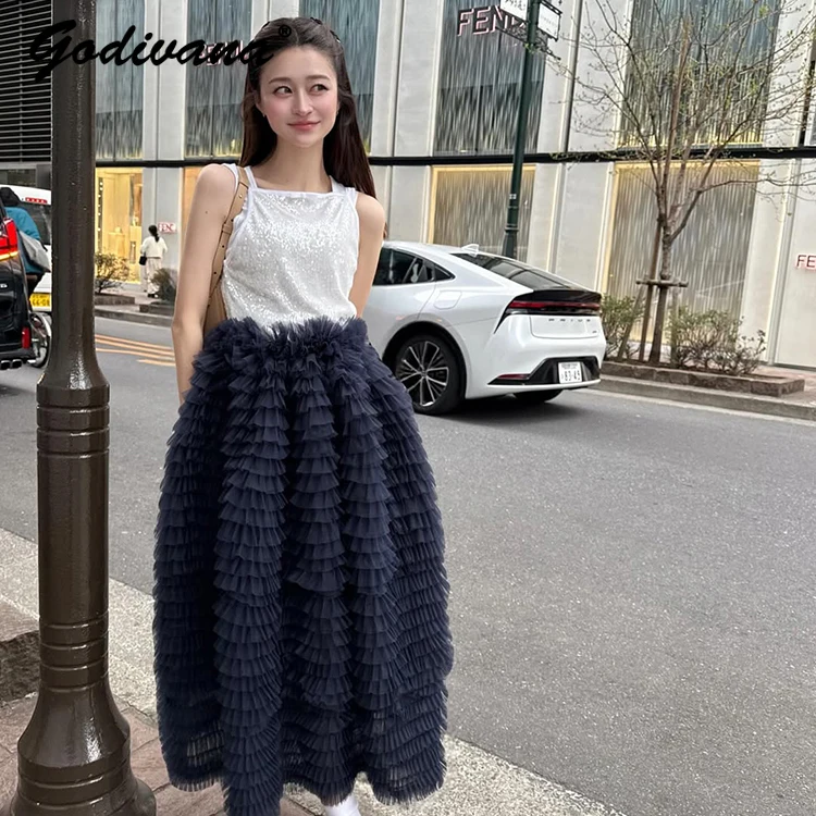 

Japanese Style New Heavy Industry Layer Mesh Elastic Waist Tutu Skirt Spring Summer Fairy Girl Women's Long Cake Skirts