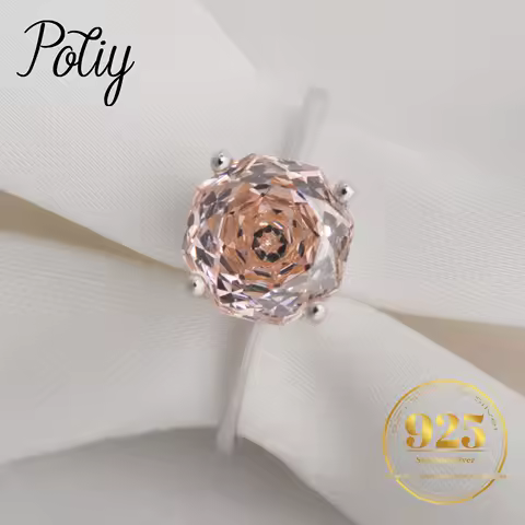 Potiy 2ct Octagon Rose Cut Morganite Pink Cubic Zirconia Solitaire Ring, 925 Sterling Silver Jewelry Gift for Women with