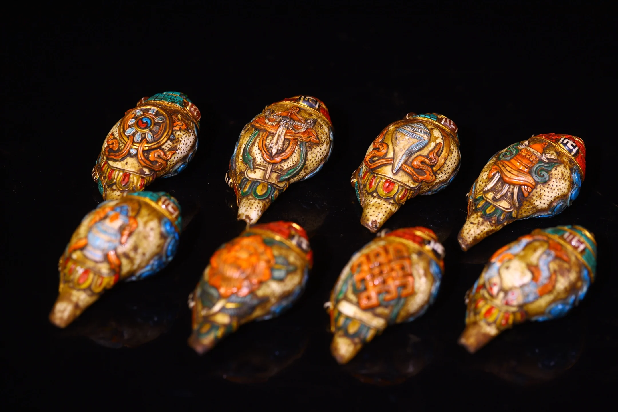 

7"Old Natural Conch Painted Mosaic Gem gZi Beads Shell Lucky Eight Treasures Buddha Conch Copper base A Set Worship Hall