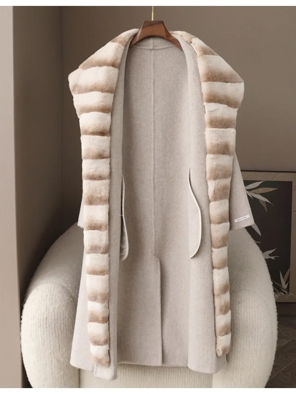 Vrouwen natuurlijke Rex konijnenbont wolmengsels dikke warme lange bovenkleding met riem casual echt bont kapjas