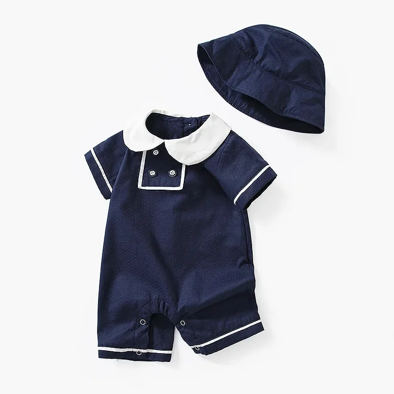 2022 baby summer clothing College style Peter pan Collar short sleeve cotton girls rompers+hat 2pcs set Infant Baby clothes