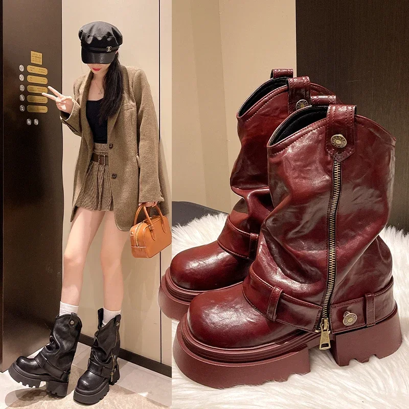 Women's Thick Soled High Heels, Thick Heels, Short Furry Snow Shoes, Mid Calf, Winter 2025 Fashion Leather Zipper Work Boots