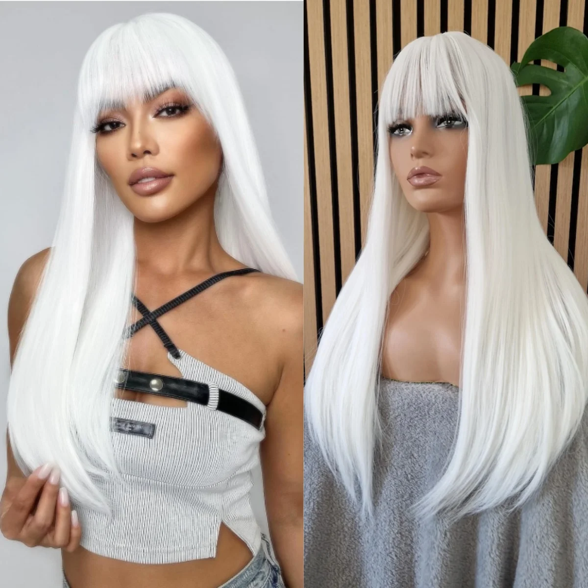 Silvery White Straight Lace Front Wig With Bangs 13x4 HD Glueless High Quality Synthetic And Blend Heat Resistant Party Cosplay