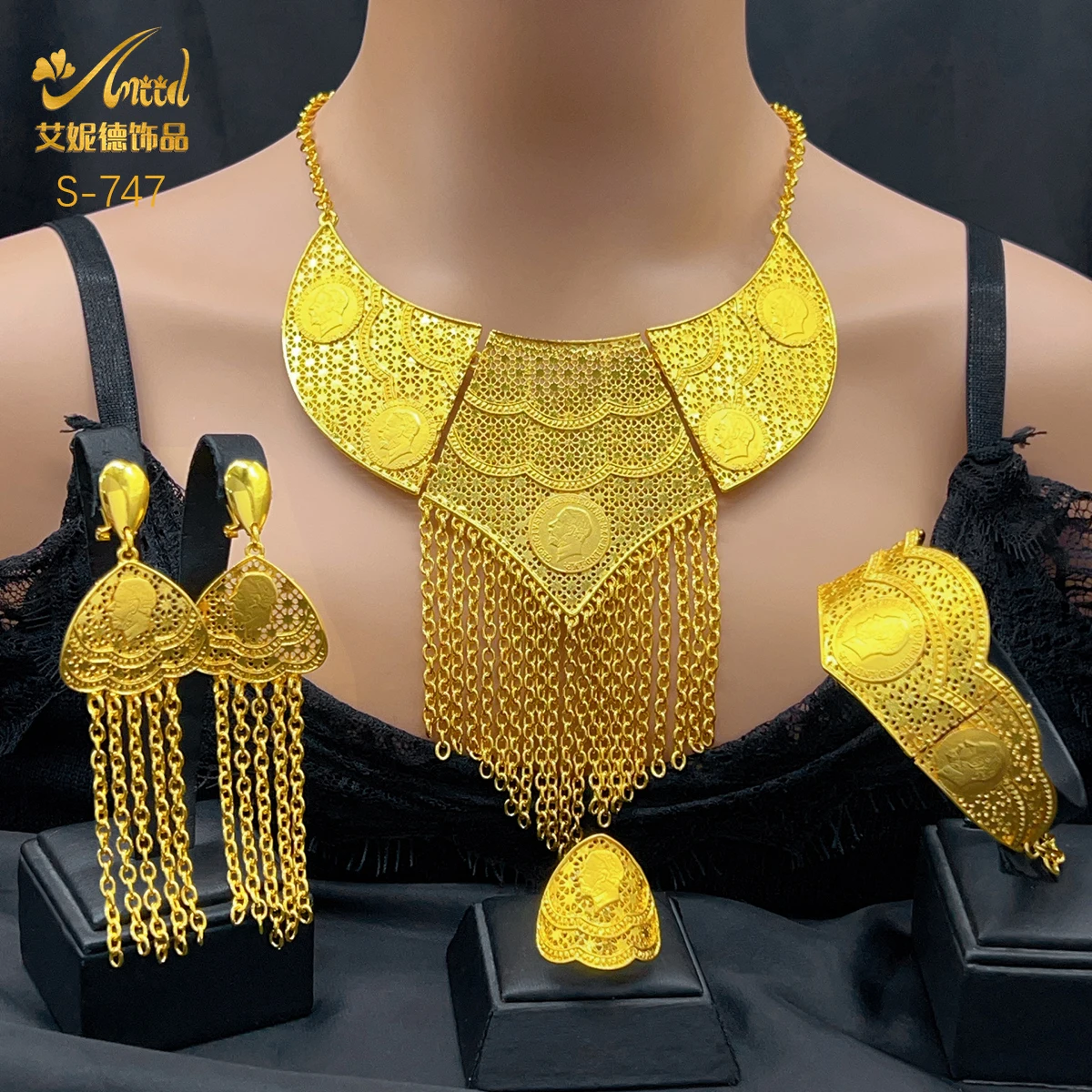 ANIID New Dubai Gold Color Coin Tassel Necklace Bracelet Jewelry Sets For Women African Ethiopian Bridal Wedding Luxury Gifts