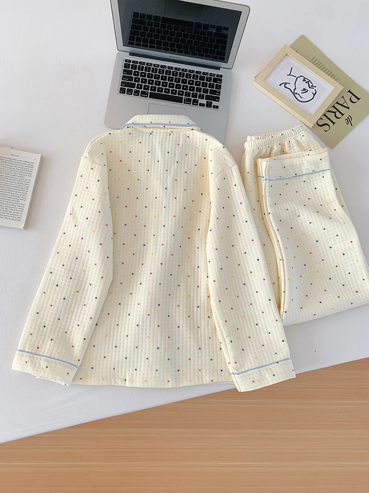 

Thiened Long Sve Air Layer Spwear Women's Home Clothes Set Sweet Polka Dot Cotton Home Leisure Suit Autumn Winter