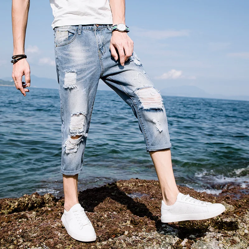 

Summer 2020 Fashion Casual Thin Denim Shorts Men's Loose Hole Beggar Pants Cropped Pants Men's Korean Slim Calf-length Jeans Men