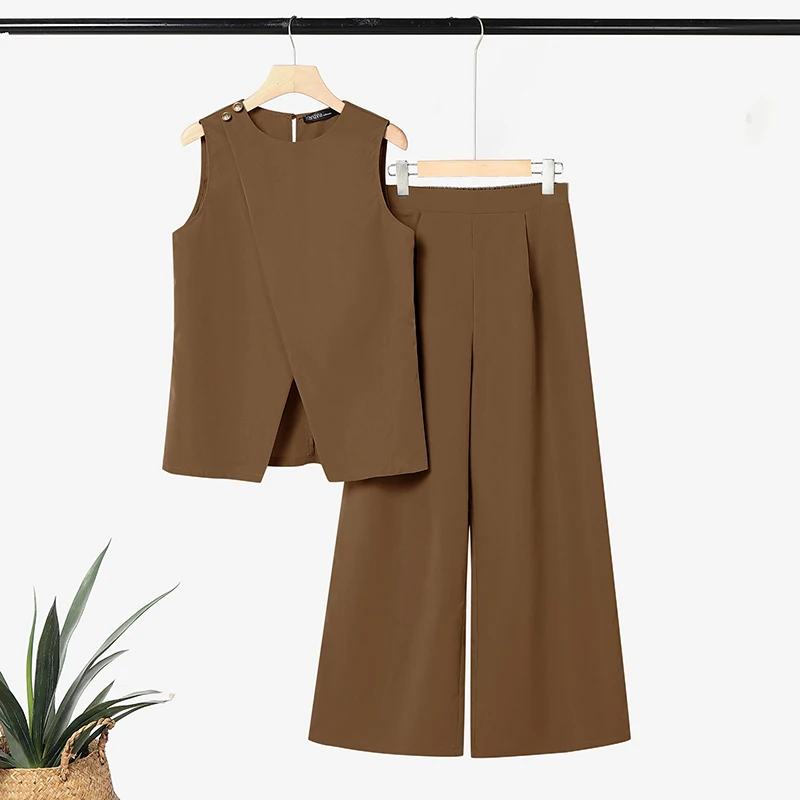 

2026 ZANZEA Summer Elegant Sleeveless Tank Tops Pant Sets Women 2 Piece Sets Elegant Solid OL Work Outfit Tracksuit Without Belt