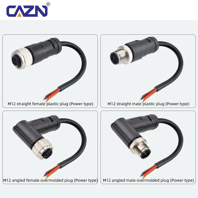 M12 S-Coded Unshielded Overmolded Plug Male Female Straight Angled 3 4 Pin 1/2/5m PVC IP67 for Power Supply