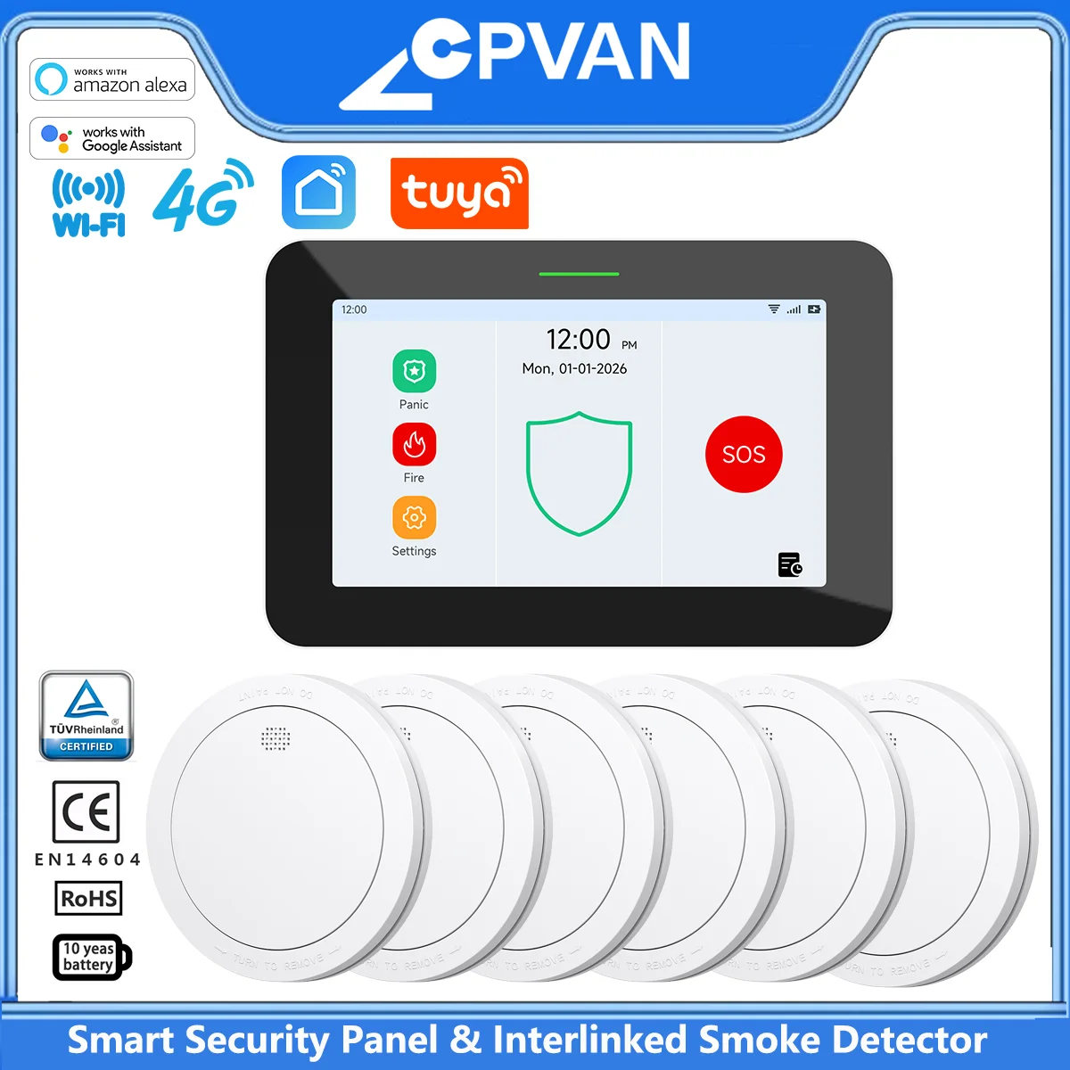 كاشف الدخان المترابط CPVAN ولوحة أمان ذكية WIFI 4G مقاس 7 بوصات، بطارية 10 سنوات متوافقة مع إنذار الدخان القياسي EN14604