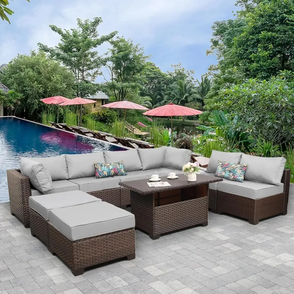 Outdoor PE rattan 9-piece set willow courtyard furniture, segmented conversation sofa with seat cushion and storage platform