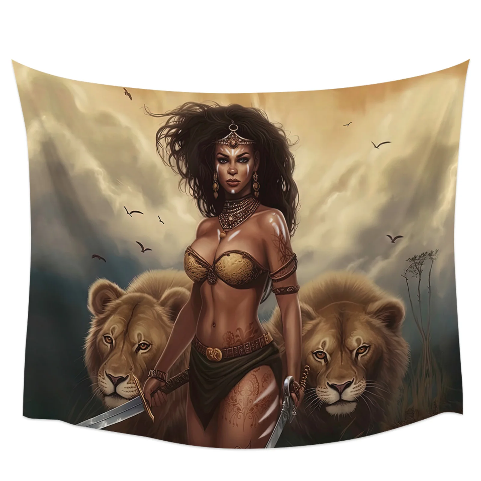 African Savanna Woman Lion Tapestry Wall Hanging Boho Tapestry Wall Home Bedroom Living Room Decor Cloth Home Decor Wall Hanging